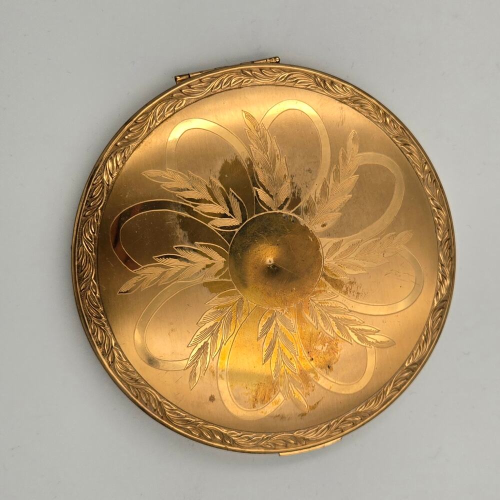 Vintage Elgin American Gold Tone Compact Floral Etched Powder Makeup Mirror USA